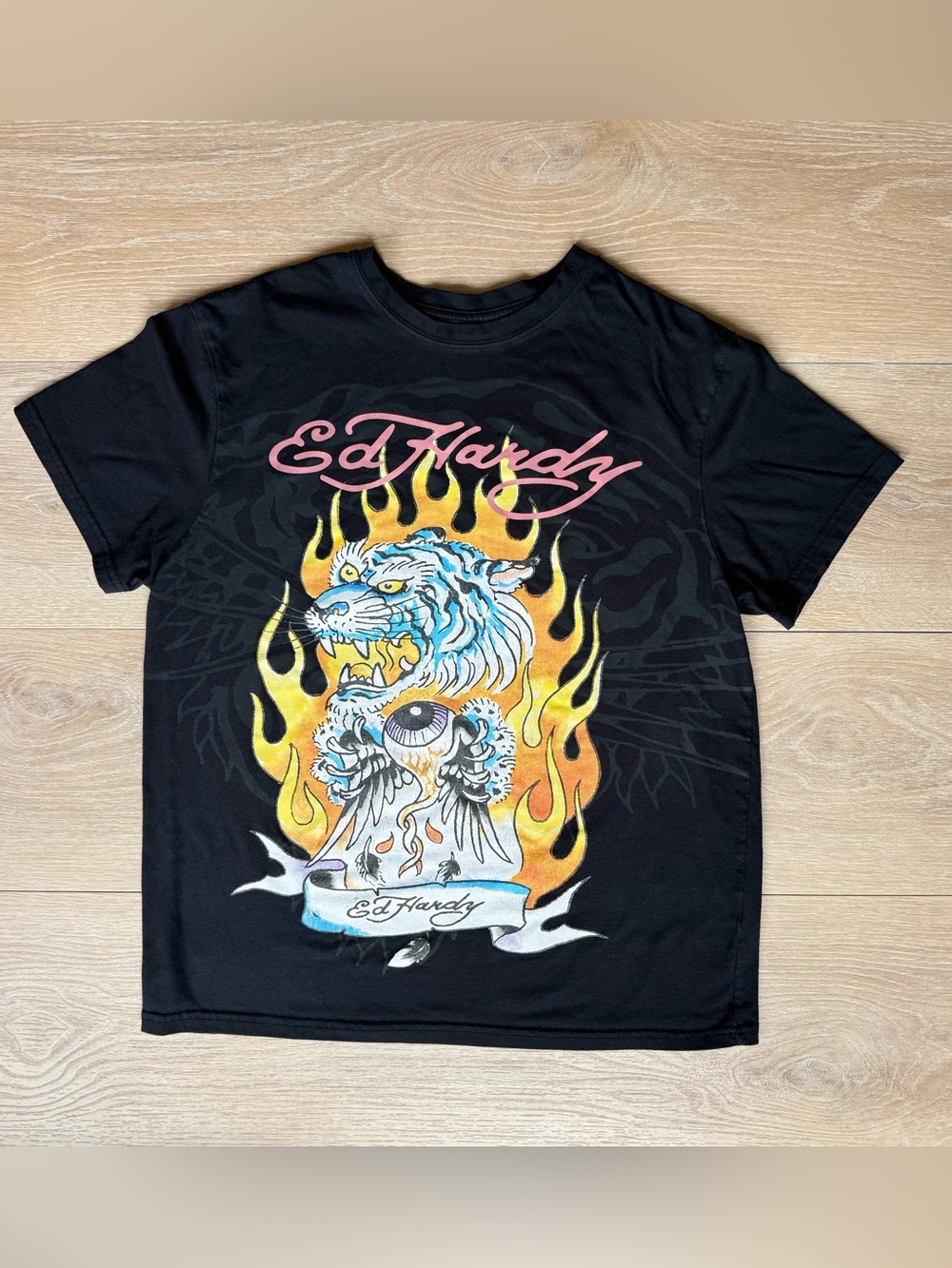 Ed Hardy Black Short-Sleeve Tee with Flaming Tiger and Eye Graphic